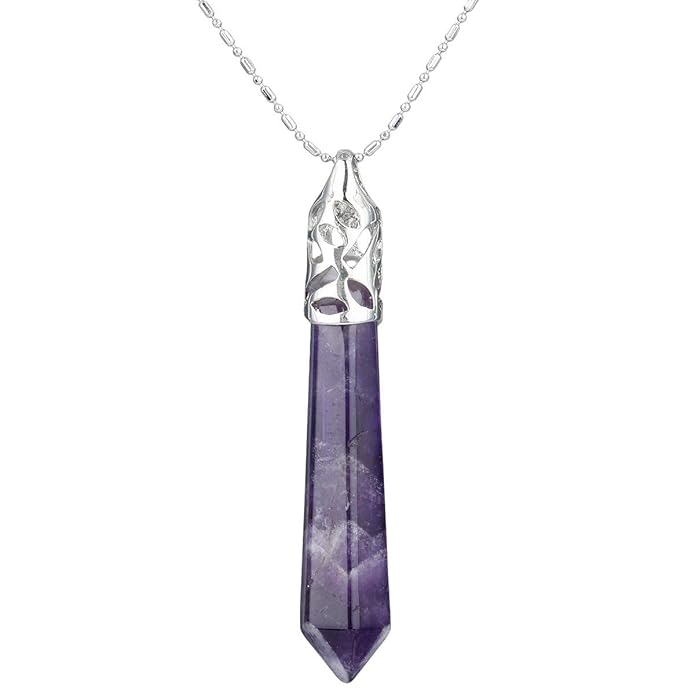 KYEYGWO Heilstein Punkt Anhänger Halskette für Damen und Herren, Hexagon Versilbertes Reiki Chakra Poliertes Steinpendel für 