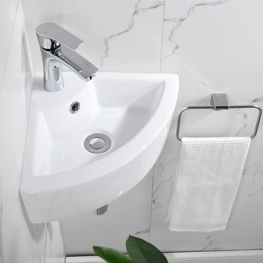 Bokaiya Small Wall Mount Corner Bathroom Sink And Faucet Combo With Overflow Triangle White Porcelain Ceramic Wall Mount Mini Vanity Space Bathroom Sink