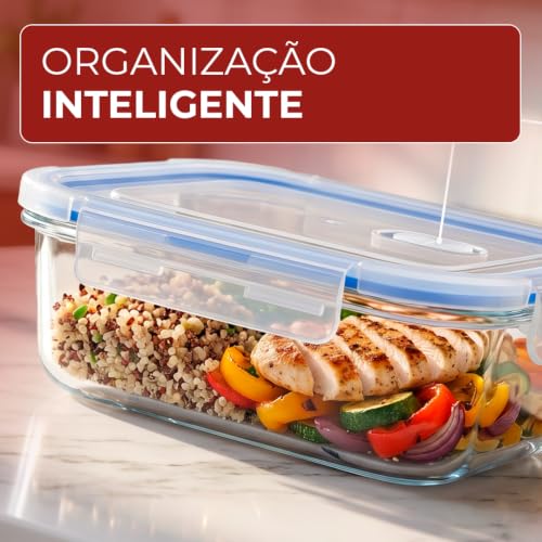 Kit 4 Potes de Vidro Herméticos 1040ml com Tampa Silicone Azul | Marmita Fitness, Meal Prep, Conservação de Alimentos e Organização de Cozinha