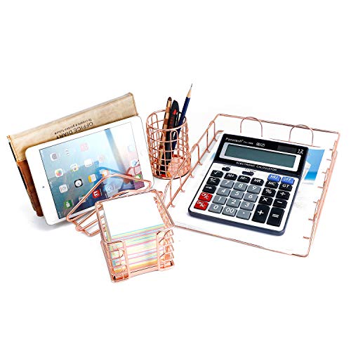 Miukada Desk Organizer Set,Desk Accessories 5 in 1. Includes Letter Sorter, Pencil Cup Holder, Stick Note Holder, Hanging File Organizer and Letter Tray for Office, School or Home(Rose Gold)