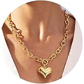 Valentines Day Gifts Chunky Gold Heart Necklace for Women,14K Gold Plated Chunky Heart Pendant Bold Chain Necklace with Toggle Clasp,Waterproof Non Tarnish Hypoallergenic Chunky Statement Jewelry Gift for Women