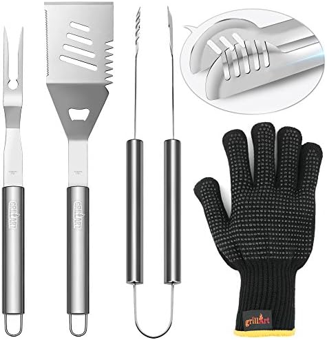 BBQ Grilling Tools Set - GRILLART Reinforced BBQ tongs 3-Piece Stainless Steel BBQ Grill Accessories. Stainless Steel BBQ Grill Accessories. Spatula, Tongs, Fork - Bonus Insulated Gloves (Yellow)