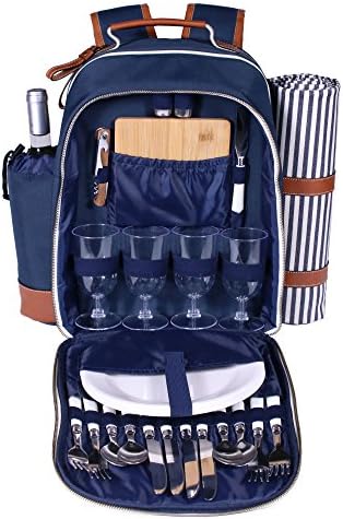 Deluxe 4 Person Picnic Backpack Bag Gift Large Insulated Food Compartment and Wine Bottle Storage Waterproof Blanket Tailgating Supplies