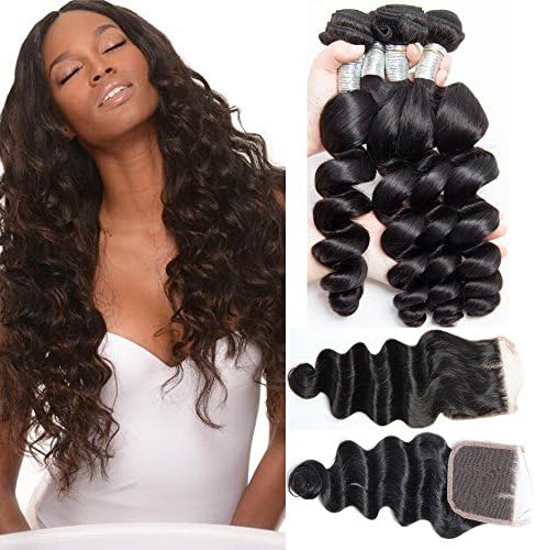 7A Brazilian Virgin Hair Loose Wave 3 Bundles With Closure Unprocessed Human Hair Extensions Loose Weave Natural Color Hair Bundles With Lace Closure(10 10 12with 10)