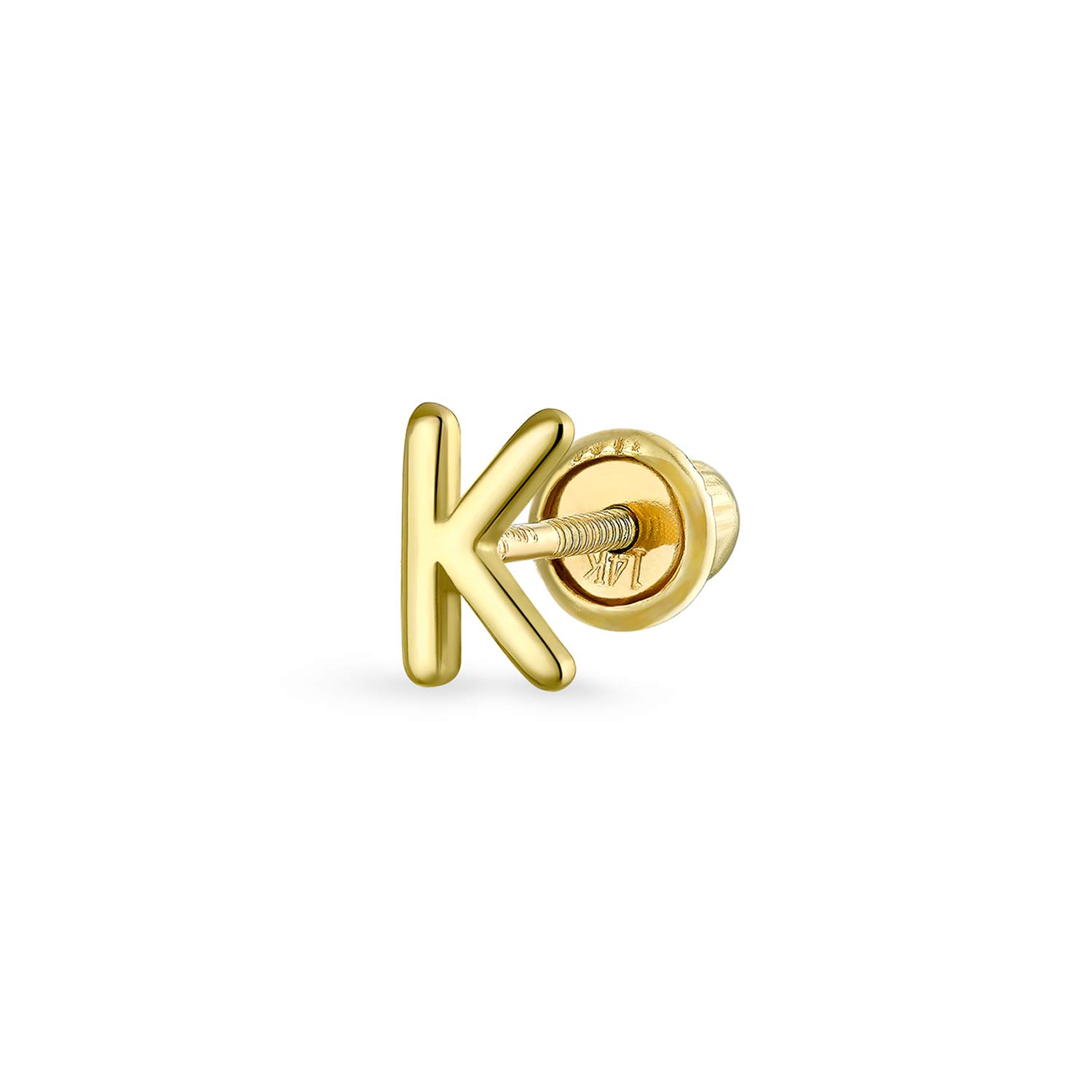 ABC Minimalist Real Yellow 14K Gold Capital Block Alphabet Letter Initial K Cartilage Ear Lobe Piercing 1 Piece Stud Earring Screw Back For Teen Women Men