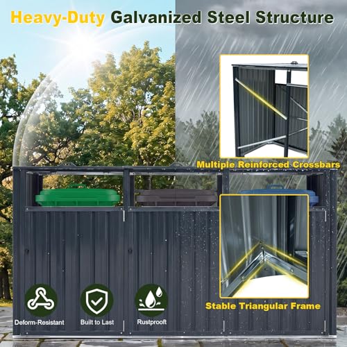 Goplus 7.8 x 2.6 FT Outdoor Trash Can Storage, 3-Bin Metal Garbage Shed with Flip-Up Lids & Lockable Doors, Galvanized Steel Utility Enclosure for Garden Tools Equipment, Patio, Backyard & Yard