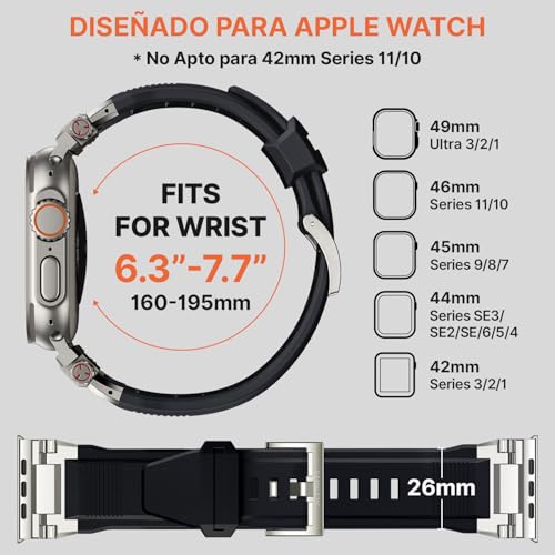 Bandletic R-Steel Strap Compatible with Apple Watch Ultra 2/Ultra 49mm, Series 9/8/7 45mm, Series SE2/6/SE/5/4 44mm, Robust FKM Replacement Bracelet with Elegant Design Metal Connector, Black