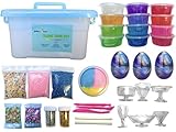 Slime Kit - 35 piece Include 12 crystal, 3 galaxy, 1 fluffy slime, glitter, foam beads, fruit and heart slices, clear cups, box containers. Silly Putty glue supplies activator cheap diy homemade cloud