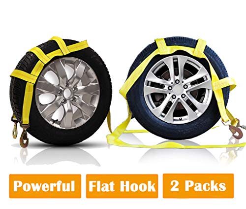 Jaketen Tow Dolly Straps - Car Dolly Straps with Flat Hook (2200 lbs Working Capacity) - 2 Pack Essential Vehicle Adjustable Tow Dolly Basket Strap Fits Most 14-17" Tires (Yellow)