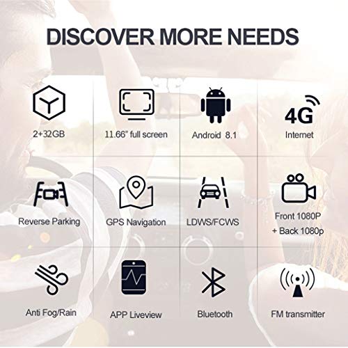 Quad Core Car DVR Camera,12 inch 4G Android 8.1, GPS Navigation Dual Lens Rearview Mirror Dashcam, Bluetooth FM Transmitter, Digital Video Recorder