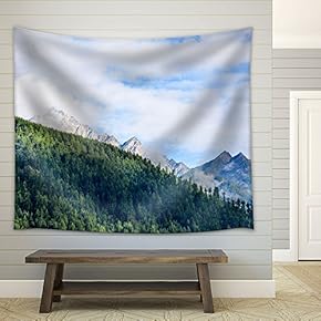 Landscape with Green Mountain Under Blue Sky with White Cloud - Fabric Wall Tapestry Home Decor - 51x60 inches