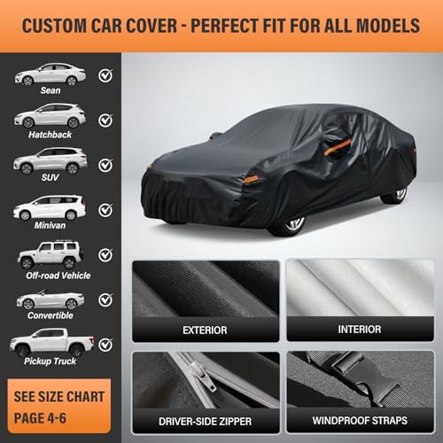 Kayme Funda para Auto, Cubre Coches Exterior Impermeable Transpirable Anti-UV Antipolvo de 7 Capas, Cubierta para Coche con Cremallera y Forro de Algodón Tira Reflectante para Sedán (470 a 490 cm)