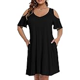 JollieLovin Womens Plus Size Short Sleeve Cold Shoulder V Neck T-Shirt Dress with Pockets