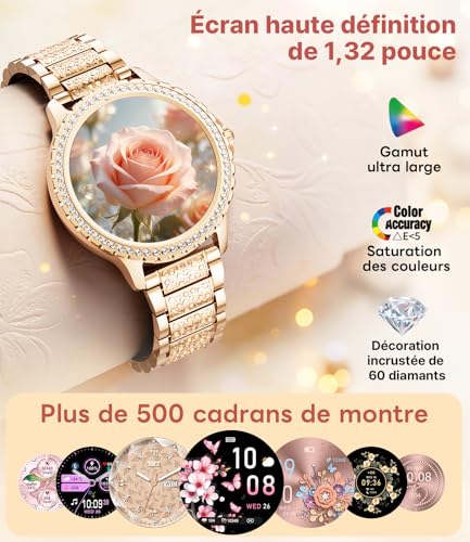 LIGE Women's Smart Watch with Bluetooth Calling, 1.32 Inch Diamond Waterproof Women's Smartwatch with 110+ Sports Modes Pedometer Sleep for iOS and Android, 500+ Dial, Rose Gold Stainless Steel