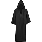 Men Tunic Hooded Robe Cloak Knight Gothic Fancy Dress Halloween Masquerade Cosplay Costume Cape (XL, Adult Black)