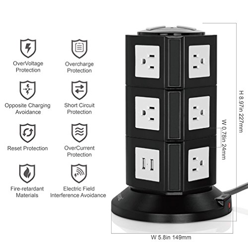 Safemore Surge Protector Power Strip 10-Outlet with 4-USB Multiple Outlets Tower Socket 6.5ft Long Cord 3 Prong Plug Universal Charging Station for Office (Black and White)