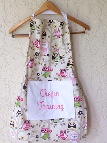 Girls apron in owl print fits ages 7-10 Chef in Training!