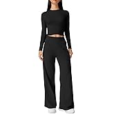 QINSEN Womens 2 Piece Sets Long Sleeve Slim Fit Crop Tops Wide Leg Pants Matching Lounge Set