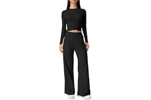 QINSEN Womens 2 Piece Sets Long Sleeve Slim Fit Crop Tops Wide Leg Pants Matching Lounge Set