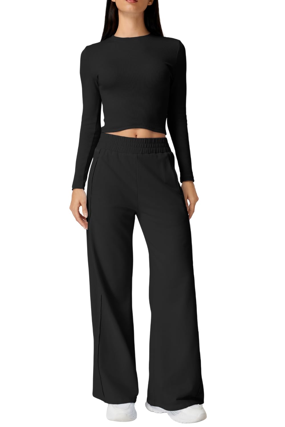 Photo 1 of QINSEN Womens 2 Piece Sets Long Sleeve Slim Fit Crop Tops Wide Leg Pants Matching Lounge Set Black S
