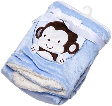 NaXY Baby Blanket for Boys Double Layer Coral Fleece Sherpa Backing with Monkey Cartoon Printing Blue