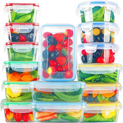 Food Storage Containers with Lids, KOMUEE 15 PACK Plastic Food Containers with lids - Plastic Containers with lids - Airtight Leak Proof Easy Snap Lock and BPA Free Plastic Container Set