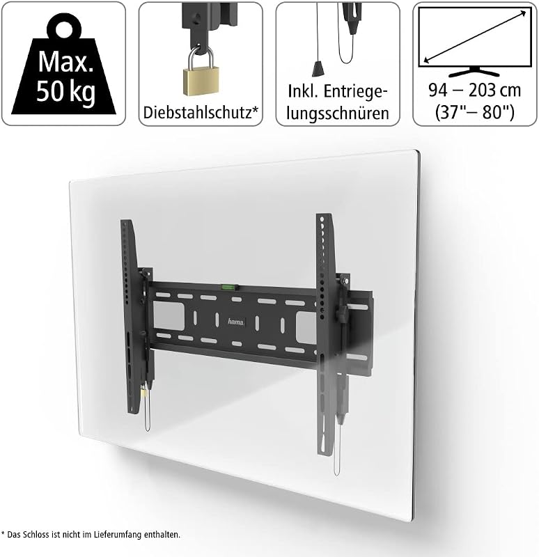 TV Wandhalterung, neigbar, mit Diebstahlschutz (TV Wandhalterung 37-90 Zoll, VESA 100x100 bis VESA 600x400, bis 50kg, ideal für den öffentlichen Raum, mit Fischer-Dübeln) schwarz