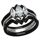 Black Stainless Steel Marquise Cut AAA Cubic Zirconia CZ 3 Stones Women Wedding Engagement Ring Set TKJ