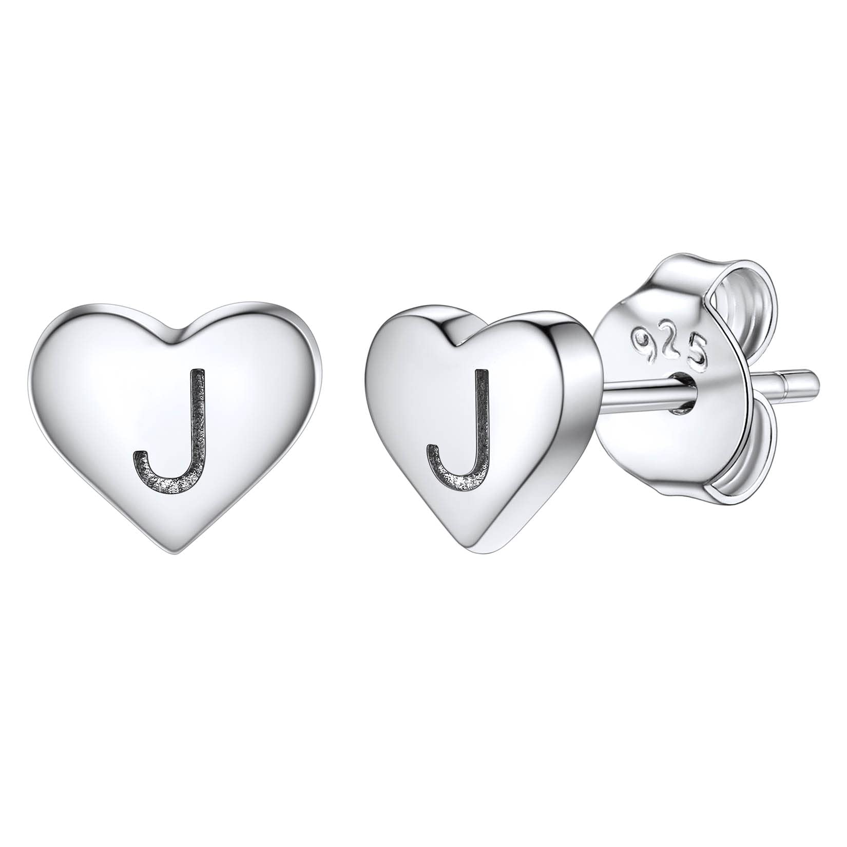 Studs Earrings for Women, S925 Sterling Silver Heart Initial Letter J Small Tiny Earrings for Girls Ladies Mum Daughter Sisters Friends Lover Hypoallergenic Silver Jewellery with Gift Box