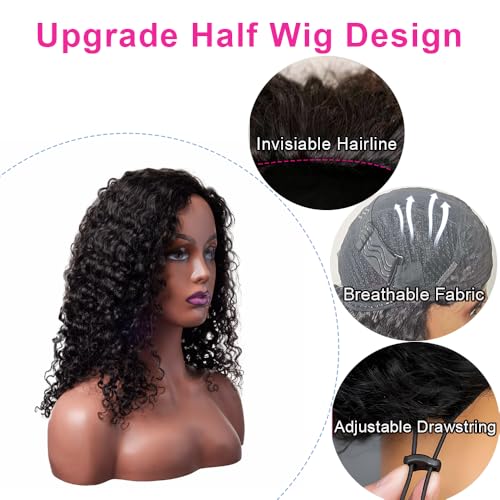 Brazilian Half Wig Human Hair 200 Density 3 in 1 Seamless Flip Over Wig Women's Natural Hair Human Hair Deep Wave Glueless Headband Wig with Drawstring Beginner Friendly 28 Inches