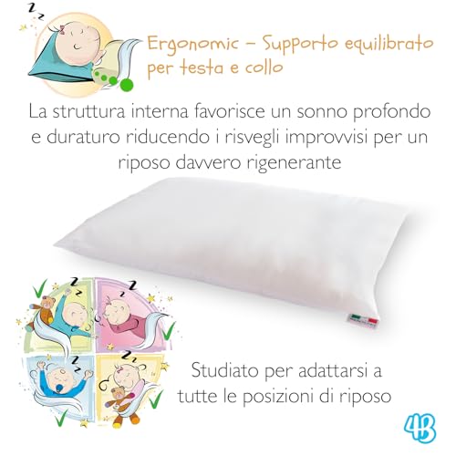 4BABIES - Baby Cot Cushion 40 x 60 cm, Breathable Hypoallergenic Children's Pillow with 100% Italian Cotton Cover, Hypoallergenic Anti-Dust Mite for Crib