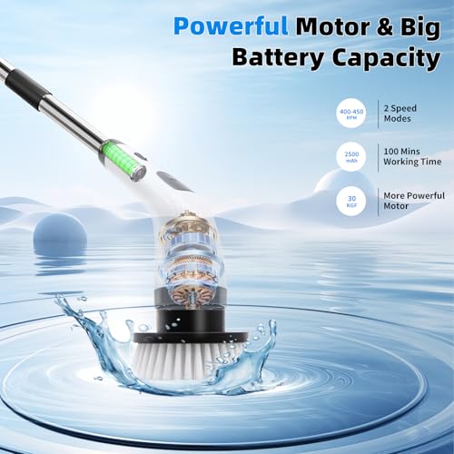 SINZUX Electric Spin Scrubber, Electric Cleaning Brush with 8 Replaceable Brush Heads, Electric Scrubbing Brush with LED Display and Adjustable Extension Handle for Bathroom Kitchen Car