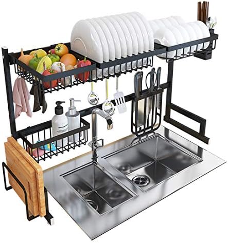Over The Sink Dish Drying Rack, Haotrend Stainless Steel Dish Drying Rack Over Sink Display, Kitchen Supplies Storage Shelf Utensils Holder (Black)