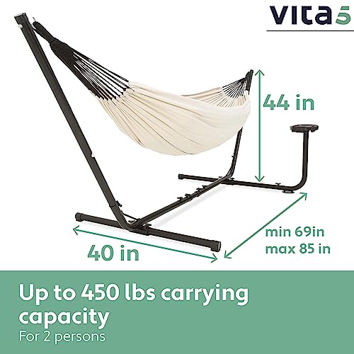 Vita5 Hammock with Stand - Adjustable Frame 290-330cm - Large 80% Cotton 20% Polyester Hammock for Garden, Patio, Balcony and Camping - Portable with Carry Bag