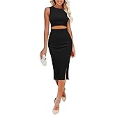 Pink Queen Women's Dresses Crew Neck Sleeveless Cutout Side Slit Bodycon Midi Party Dress