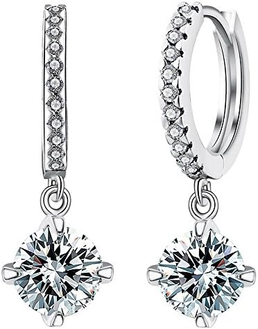 Dangle Earrings CZ Diamond 8mm Crystal Dangle Pendant For Elegant Women By SUYAN (White Gold Plated)