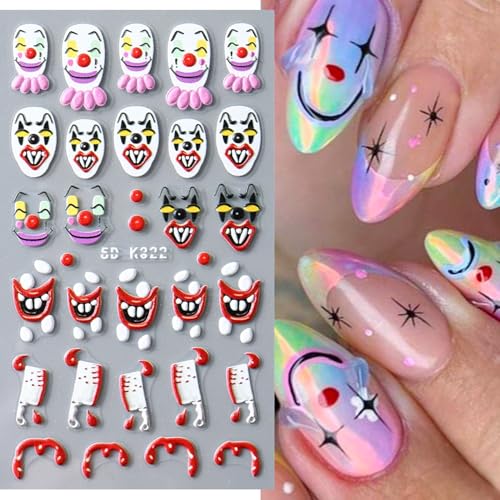 Halloween 5D Nail Stickers for Nail Art, Spooky Clown Face Nail Decals Self Adhesive Embossed Nail Art Decorations Clowns Nails Design Manicure Sliders Halloween Party Nail Accessories 1 Sheets at Amazon