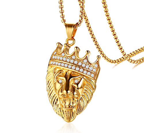 Collar con colgante de cabeza de león helado de acero inoxidable con chapado en oro de 18 quilates para hombres, collar de cadena de 24 , joyería punk