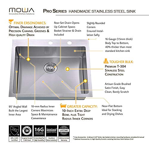 MOWA HTS2522 25" x 22" Handmade 16 Gauge Stainless Steel Top Mount Drop In Single Bowl Kitchen Sink w/Soap Dispenser, Sink Grid & Drain Strainer, 10-Inch Deep Laundry Utility Sink, Fits 27" Cabinet - Thumbnail 4