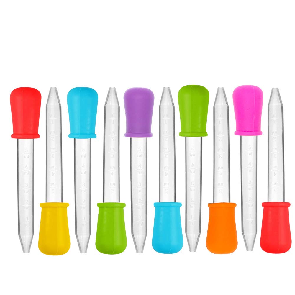 CKANDAY 10 Pieces Graduated 5-ML Clear Liquid Droppers, Multi-Color Silicone and Plastic Pipettes with Bulb Tip for Candy Oil Kitchen Gummy Making