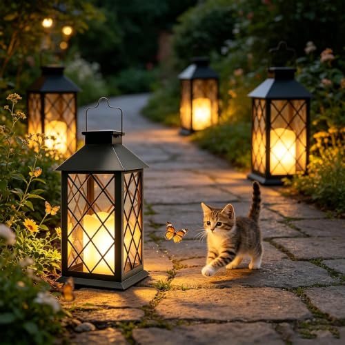 Joycome Solar Lanterns Outdoor 2 Pieces Solar Lamp Outdoor Garden with Flashing Candle, Waterproof Terrace Decoration, Solar Lantern for Garden, Table, Terrace, Fence, Tomb and Gifts – Black