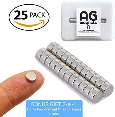 AG Small Round Magnets with Storage Case + 2 BONUS E-Books - Pack of 25 (1/8" x 1/4") - Super Strong Magnet for Refrigerator, Arts and Crafts, Science Projects, Garage, Home and Office Organization