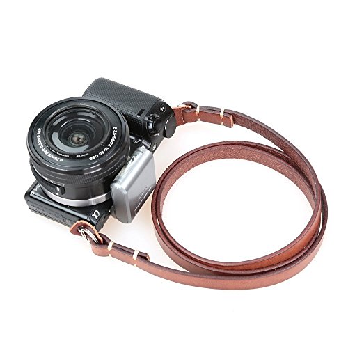CANPIS Genuine Leather Camera Neck Shoulder Strap for Fuji Sony Olympus Panasonic Lecia Canon Nikon etc DSLR & Mirrorless Cameras (Brown, Retro Style, Slim Belt)