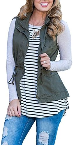 Aumadro Women's Military Safari Utility Drawstring Casual Lightweight Vest Jacket With Pocket