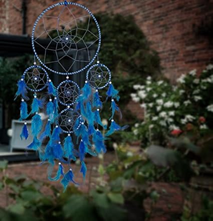 ILU Dream Catcher Wall Hanging Handmade Beaded~ 1 Big and 4 Small Circular Net with Feather Decoration Ornaments Size 21cm Diameter Blue