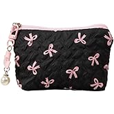 RUIXIAOXI Coquette Floral Bow Makeup Bag, Quilted Bow Cosmetic Bag Small Travel Aesthetic Pleated Make up Bag Cute Toiletry Bag for Women Girls (Black)