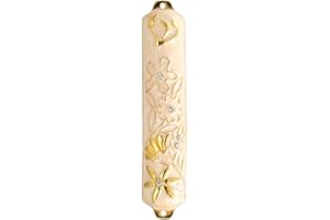 Matashi Hand Painted White Enamel Mezuzah Embellished with a Floral Design with Gold Accents Crystals