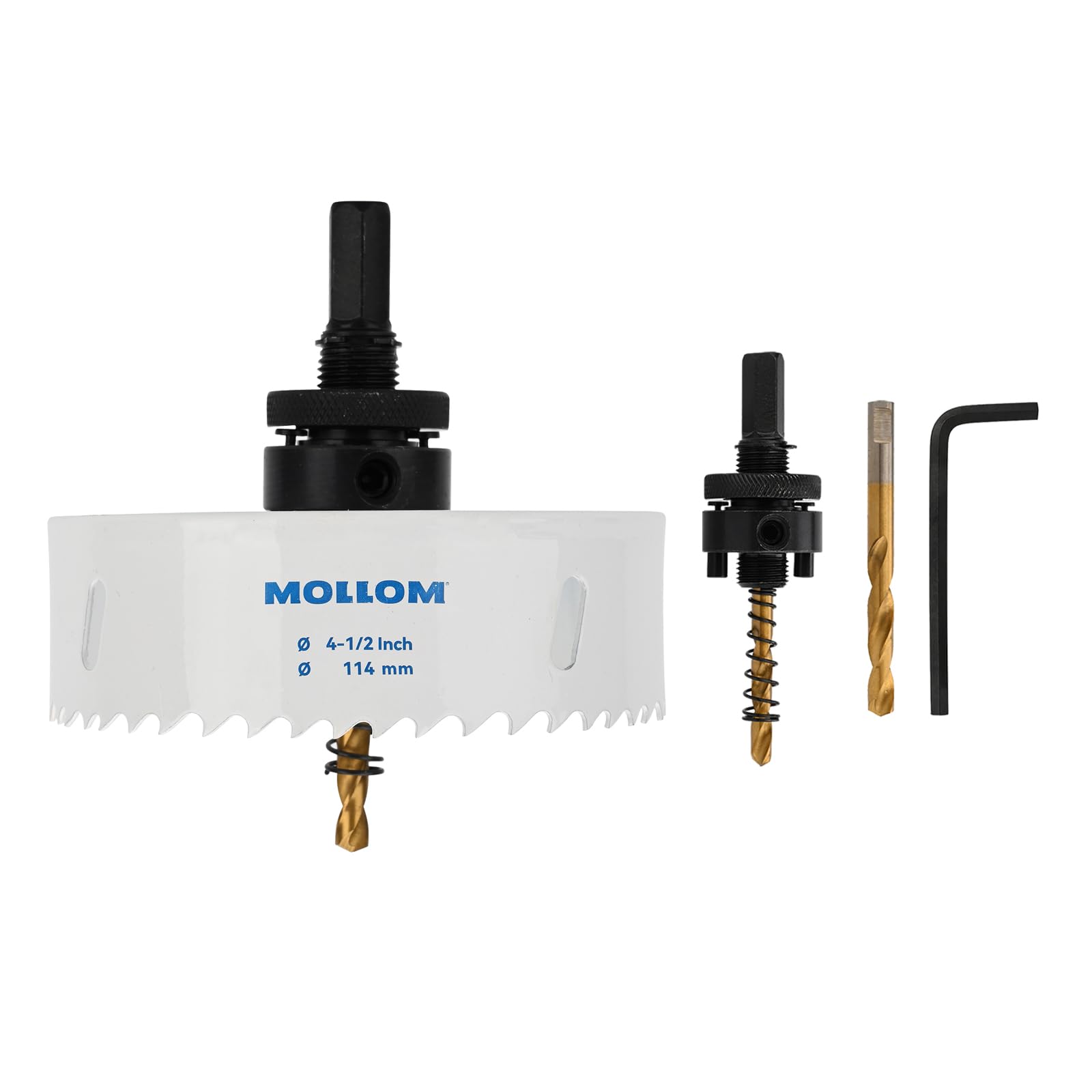 Mollom (114mm | 4-1/2") HSS M42 with 8% cobalt BI-Metal Hole Saw with 2 Pilot Drill Bits & Arbor Smooth Cutting for PVC,Drywall,Wood,Plastic,Gypsum Board,Rubber — image 1