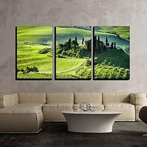 3 Piece Canvas Wall Art - Beautiful Sunrise Over The Valley of Olive Groves and Vines - Modern Home Art Stretched and Framed Ready to Hang - 16"x24"x3 Panels