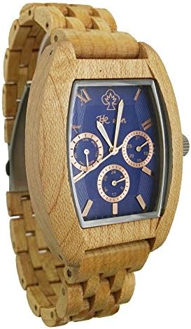 Best Wooden Watch for Men &amp; Women Square Face Large Dial with Six Hands Displaying Week Date &amp; 24 hours Perfect Gift for Christmas, Anniversary, Birthday. Band Adjustment Tool Included (Maple Blue)